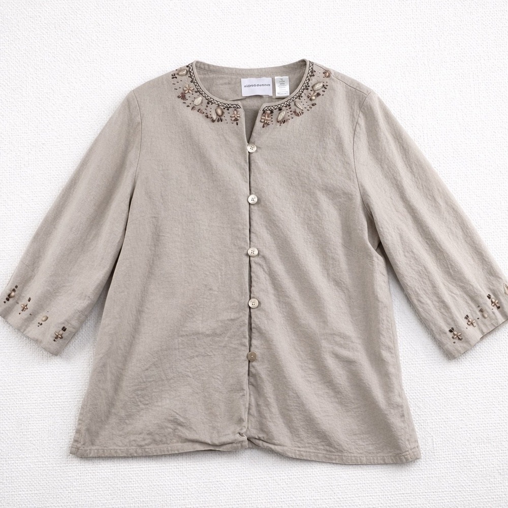 Alfred Dunner Linen Blend Beaded Button Front Jacket Top Women's‎ 16